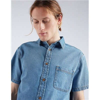 Denim Short Sleeve Shirt, Men, Blue