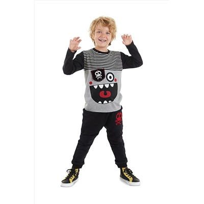 Denokids Çizgili Korsan Erkek Çocuk Gri T-shirt Siyah Pantolon Takım CFF-23S1-055