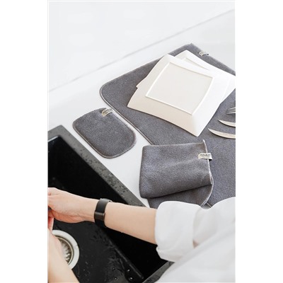 HAMUR Gri Microwell 3 Prç Set Microfiber Bulaşık Kurutma Matı 3'lü Mutfak Seti Kurulama Bezi Örtüsü E68MF095097HM