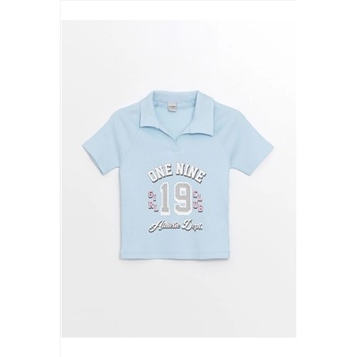 LC Waikiki, Mavi Polo Yaka Baskılı Kısa Kollu Kız Çocuk Tişört