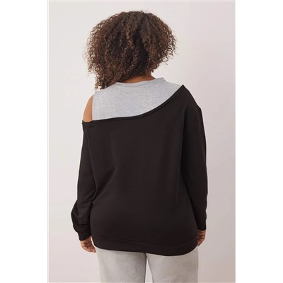 Siyah Bisiklet Yaka Omuz Detaylı İnce Örme Büyük Beden Sweatshirt TBBAW23AO00020