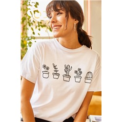 Olalook, Kadın Beyaz Kaktüs Baskılı T-shirt TSH-19000349