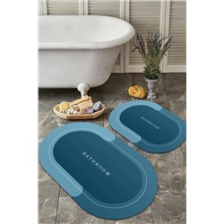 WOOLLY HOME COLLECTİON Bathroom Yazılı Şeritli Mavi 2'li Halı Takımı (60x100/40x60) - Wllybny-109 WLLY-BNY-109