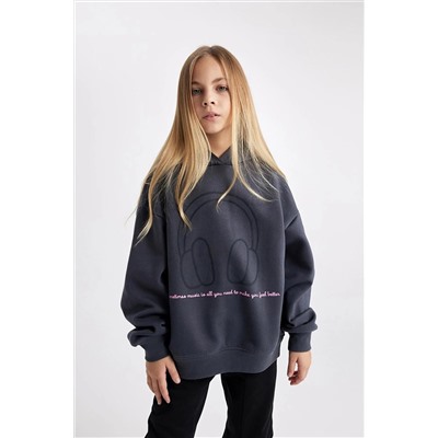 Defacto Kız Çocuk Oversize Fit Kapüşonlu İçi Yumuşak Tüylü Kalın Sweatshirt B2516A823WN