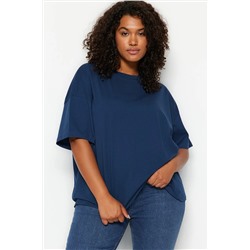 Trendyol Curve Lacivert Yaka Ribanalı Geniş Kalıp %100 Pamuk Basic Örme T-shirt TBBSS23BF00017