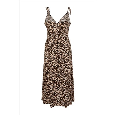 Camel Maxi/Uzun Boy Yırtmaçlı Yazlık Leopar Desenli Dokuma Elbise TBBSS24AH00136
