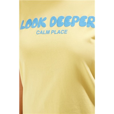 Sarı Slogan Baskılı Boyfriend %100 Pamuk Örme Büyük Beden T-shirt TBBSS24BF00036