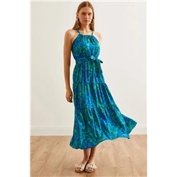 Olalook, Kadın Yeşil Saks Mavi Halter Yaka Kuşaklı Dokuma Viscon Elbise ELB-19001548