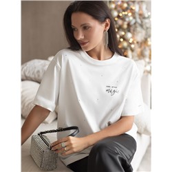 Удлиненная футболка over-size с  принтом стразами