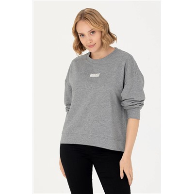 Kadın Gri Melanj Bisiklet Yaka Basic Sweatshirt