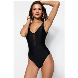 TRENDYOLMİLLA Siyah Kare Yaka Mesh Detaylı Normal Paça Mayo TBESS23MA00199