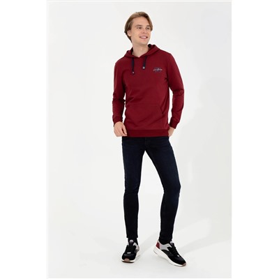 Erkek Vişne Kapüşonlu Basic Sweatshirt