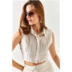 Olalook Kadın Taş Siyah Vatkalı Çizgili Crop Keten Gömlek GML-19001133