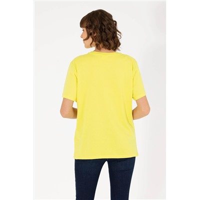 Kadın Neon Sarı Bisiklet Yaka Basic Tişört