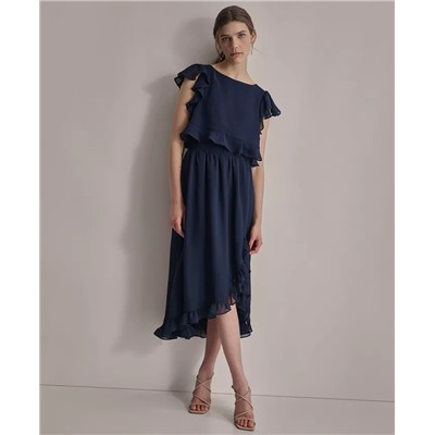 DKNY Women's Ruffled Gauze Smocked-Waist Tulip-Hem Dress