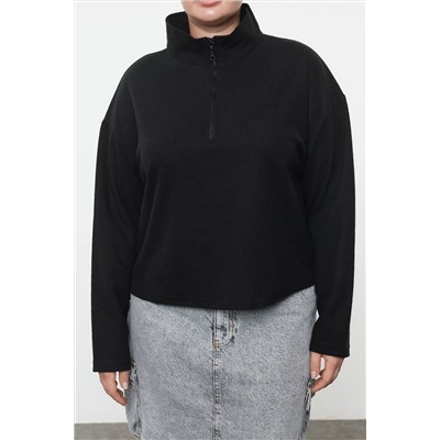 Siyah  Dik Yaka Fermuarlı Selanik İnce Örme Sweatshirt TBBAW23AO00006