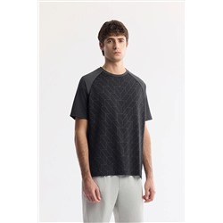 Avva, Erkek Siyah Bisiklet Yaka Geometrik Desenli Bloklu Teknik Kumaş Detaylı T-shirt A51Y1160