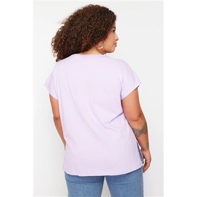 Lila V Yaka Yırtmaçlı Basic Örme T-Shirt TBBSS22BF0036
