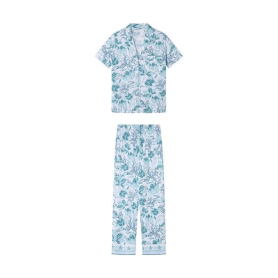 Pijama largo camisero 100% algodón flores verdes