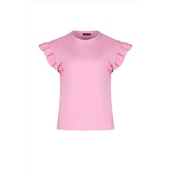 Pembe Bisiklet Yaka Kolları Fırfırlı %100 Pamuk Örme T-Shirt TBBSS23BF00006