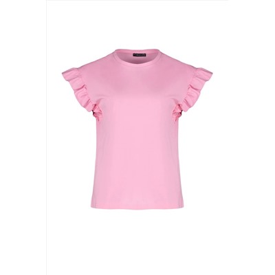 Pembe Bisiklet Yaka Kolları Fırfırlı %100 Pamuk Örme T-Shirt TBBSS23BF00006