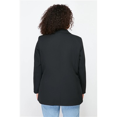 Siyah Oversize/Bol Kesim Astarlı Kruvaze Kapama Dokuma Blazer Ceket TBBSS24AG00002