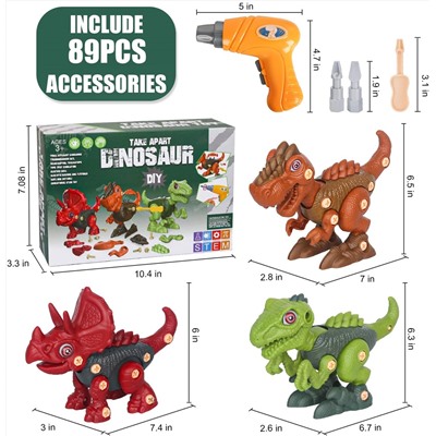 Sanlebi Take Apart Dinosaur Toys for Boys - Building Toy Set with Electric Drill Construction Engineering Play Kit STEM Learning for Kids Girls Age 3 4 5 Year Old