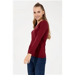 Kadın Bordo V - Yaka Basic Kazak