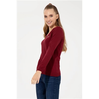 Kadın Bordo V - Yaka Basic Kazak