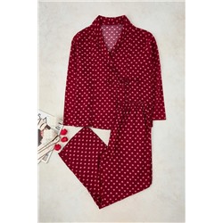 More Sustainable Bordo Puantiye Desenli Kruvaze Yaka Dokuma Pijama Takımı TBBAW24AI00027