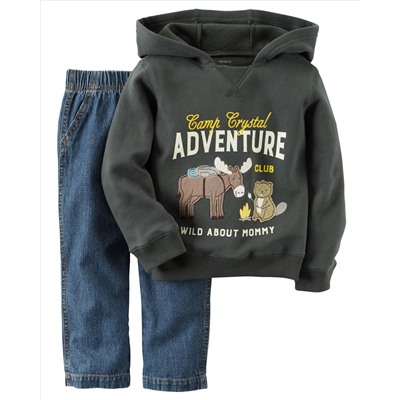 2-Piece Fleece Hoodie & Denim Pant Set