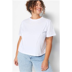 Beyaz Regular Bisiklet Yaka Dikiş Detaylı %100 Pamuk Örme Crop Büyük Beden T-Shirt TBBSS23BF00037