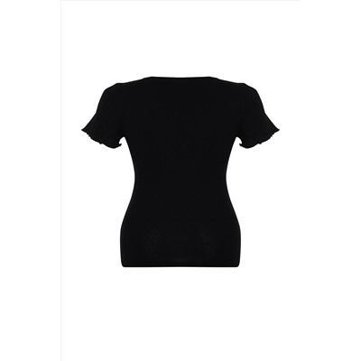 Siyah Kaşkorse %100 Pamuk Fitilli Örme Büyük Beden Bluz TBBSS24AF00108