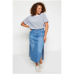 Lacivert Çizgili Bisiklet Yaka Çizgili Örme T-Shirt TBBSS23BF00068