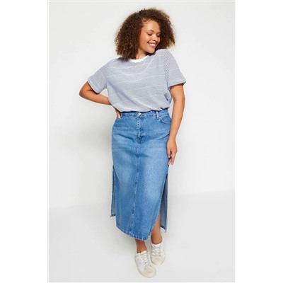 Lacivert Çizgili Bisiklet Yaka Çizgili Örme T-Shirt TBBSS23BF00068