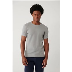 Avva, Erkek Gri Modal Bisiklet Yaka Dokulu Ribanalı Triko T-shirt B005010