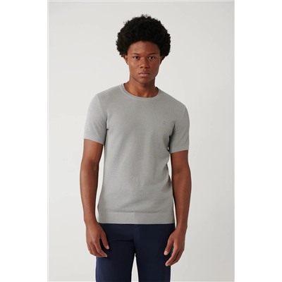 Avva, Erkek Gri Modal Bisiklet Yaka Dokulu Ribanalı Triko T-shirt B005010