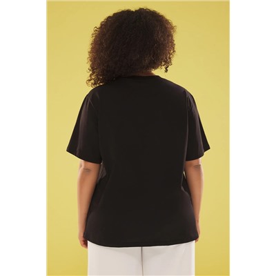 Siyah Bisiklet Yaka Taşlı %100 Pamuk Örme Büyük Beden Tshirt TBBSS25BF00012