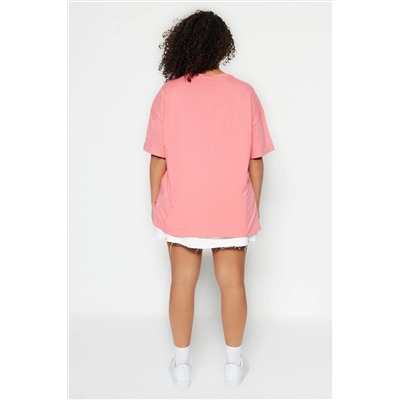 Pembe Geniş Kalıp Baskılı Bisiklet Yaka %100 Pamuk Örme T-shirt TBBSS23BF00015