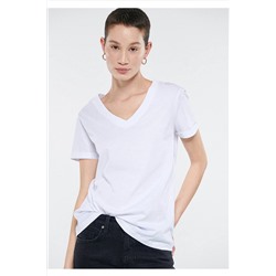 Mavi V Yaka Beyaz Basic Tişört Loose Fit / Bol Rahat Kesim 166248-620