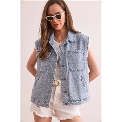 Olalook, Kadın Açık Mavi Dokulu Cepli Denim Yelek YLK-19000064