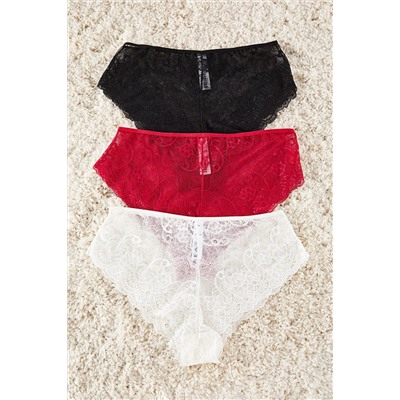 Siyah-Ekru-Kırmızı Yumuşak Dantel Büyük Beden Külot TBBAW25CM00008