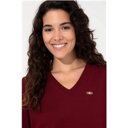 Kadın Bordo V - Yaka Basic Kazak