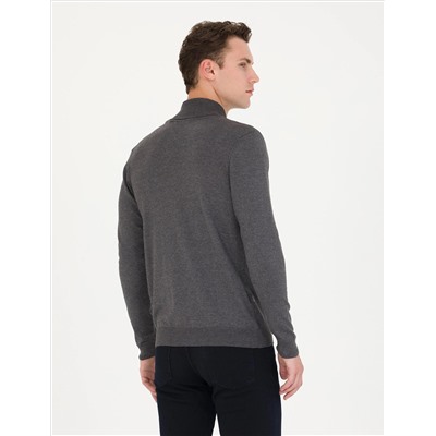 Gri Melanj Slim Fit Balıkçı Yaka Basic Triko Kazak