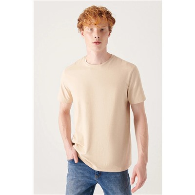 Avva Erkek Bej %100 Pamuk Nefes Alan Bisiklet Yaka Standart Fit Normal Kesim T-shirt E001000