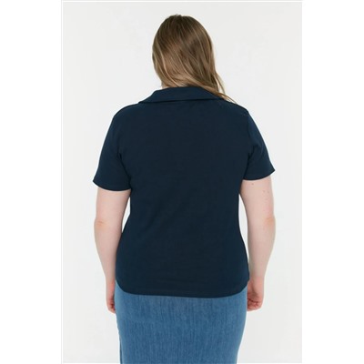 Lacivert Polo Yaka Vücuda Oturan Fitilli Örme Bluz TBBSS22BZ0750