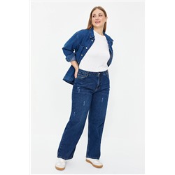 Trendyol Curve Koyu Mavi Yüksek Bel Geniş Kesim Jeans TBBAW24CJ00069