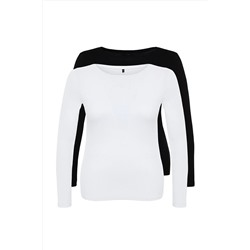 Trendyol Curve Siyah-Beyaz Bisiklet Yaka Örme Bluz TBBAW24AF00063