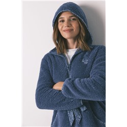 Bata midi capucha polar azul lurex