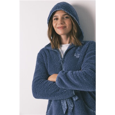 Bata midi capucha polar azul lurex